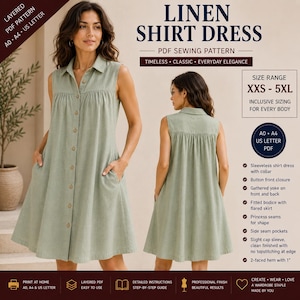 May include: A sleeveless sage green linen shirt dress featuring a button-front closure, a collar, a gathered yoke on the front and back, and side seam pockets. The design includes a fitted bodice with a flared skirt and a 1-inch hem finish.