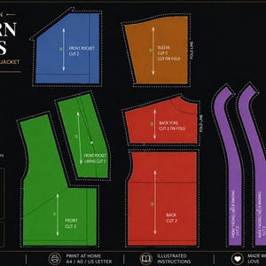 May include: A digital sewing pattern for an oversized denim kimono jacket, featuring color-coded pattern pieces including front, back, sleeve, and pocket sections on a black background with text instructions and a 1.25 cm seam allowance note.