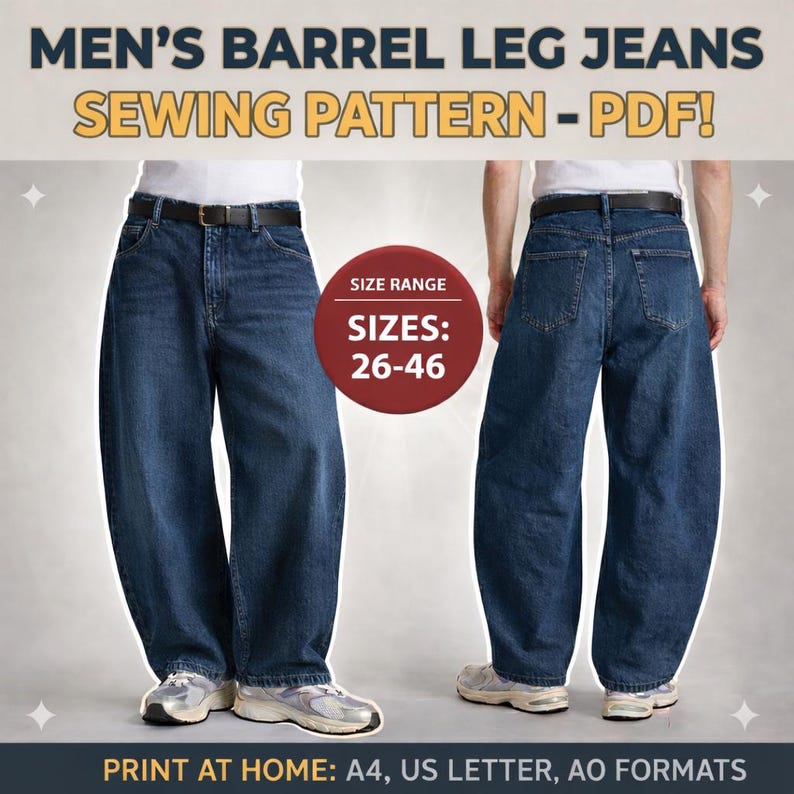 Men's Barrel Leg Jeans Sewing Pattern | Wide Fit Denim Pants (PDF ...