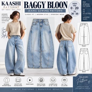 Puede incluir: Un patrón de costura digital para vaqueros baggy balloon de Kaashi Pattern. La imagen muestra vaqueros de mezclilla azul claro con silueta de pierna ancha, vistas frontal y trasera, y dibujos técnicos. Incluye tallas 0-20 USA y 30-50 EU.