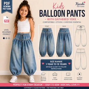 Puede incluir: Un patrón de costura en PDF para pantalones globo para niños con canesú fruncido. La imagen muestra a un niño con pantalones globo de mezclilla azul, vistas técnicas frontal y posterior, y el texto Kids Balloon Pants, Size Range 1 Year to 15 Years.