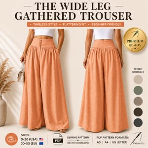 May include: Peach-colored wide-leg gathered trousers. The image shows the trousers on a model, with a high waist and button details. Text on the image reads "THE WIDE LEG GATHERED TROUSER" and "TIMELESS STYLE, FLATTERING FIT, BEGINNER FRIENDLY". The image also includes size information.