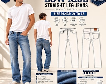 Men's Low Rise Straight Leg Jeans Sewing Pattern (Sizes 26-46) (Digital Download)