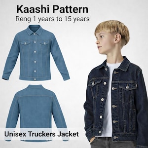 May include: A denim trucker jacket in a medium wash, with button closures and chest pockets. The image includes a front and back view of the jacket, along with a person wearing the jacket. Text on the image reads "Kaashi Pattern" and "Unisex Truckers Jacket".