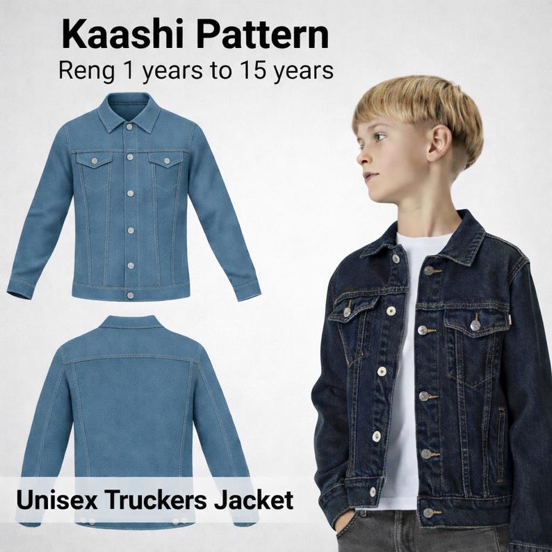 May include: A denim trucker jacket in a medium wash, with button closures and chest pockets. The image includes a front and back view of the jacket, along with a person wearing the jacket. Text on the image reads "Kaashi Pattern" and "Unisex Truckers Jacket".