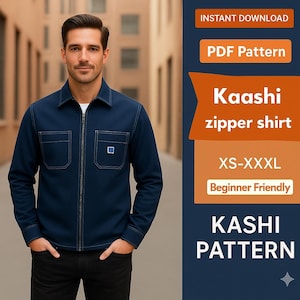 Op de afbeelding: Een marineblauw ritshemd met twee voorzakken en een klein vierkant detail. De afbeelding bevat de tekst "Kaashi zipper shirt" en "Kashi Pattern". Het shirt is verkrijgbaar in de maten XS-XXXL en is beginner-vriendelijk.