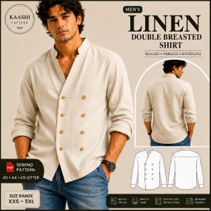 Może przedstawiać: Beżowa dwurzędowa koszula lniana ze stójką i ośmioma brązowymi guzikami ułożonymi w dwa pionowe rzędy. Koszula ma długie rękawy i luźny krój. Obraz zawiera etykiety tekstowe dotyczące wykroju krawieckiego, zakres rozmiarów XXS-5XL.