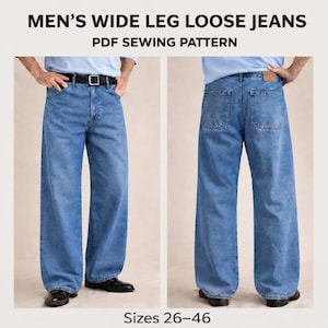 K&ouml;nnte beinhalten: Zwei Ansichten einer hellblauen Jeans mit weitem Bein. Die Jeans hat ein klassisches F&uuml;nf-Taschen-Design, einen schwarzen G&uuml;rtel und eine lockere Passform. Der Text oben lautet "MEN'S WIDE LEG LOOSE JEANS PDF SEWING PATTERN". Verf&uuml;gbare Gr&ouml;&szlig;en: 26-46.