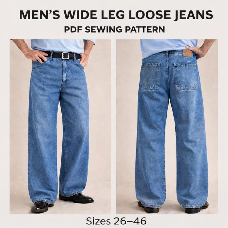 K&ouml;nnte beinhalten: Zwei Ansichten einer hellblauen Jeans mit weitem Bein. Die Jeans hat ein klassisches F&uuml;nf-Taschen-Design, einen schwarzen G&uuml;rtel und eine lockere Passform. Der Text oben lautet "MEN'S WIDE LEG LOOSE JEANS PDF SEWING PATTERN". Verf&uuml;gbare Gr&ouml;&szlig;en: 26-46.