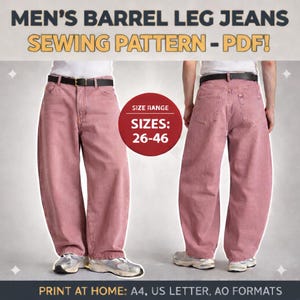 May include: A PDF sewing pattern for barrel leg jeans. The image displays front and back views of the jeans in a dusty rose hue. The size range is 26-46. The text states "PRINT AT HOME: A4, US LETTER, AO FORMATS."