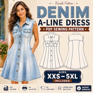 Op de afbeelding: Een mouwloze A-lijn jurk van denim met een kraag, knoopsluiting aan de voorzijde en twee borstzakken. De afbeelding bevat een technische lijntekening van de voor- en achterkant van de jurk, met de tekst Kaashi Pattern, Denim A-Line Dress, PDF Sewing Pattern en Sizes XXS-5XL Included.