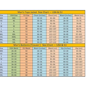 May include: A size chart for men's tops jackets and bottoms trousers, displaying USA and EU sizes. The chart includes measurements in inches and centimeters for chest, waist, and hip sizes, ranging from XXS to 5XL.
