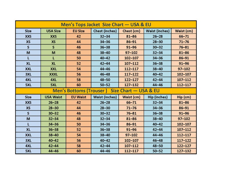 May include: A size chart for men's tops jackets and bottoms trousers, displaying USA and EU sizes. The chart includes measurements in inches and centimeters for chest, waist, and hip sizes, ranging from XXS to 5XL.