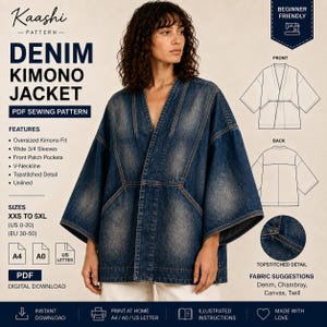 May include: A digital PDF sewing pattern for a denim kimono jacket by Kaashi Pattern. The design features an oversized fit, wide 3/4 sleeves, a V-neckline, front patch pockets, and topstitched details. Includes sizing from XXS to 5XL (US 0-20).