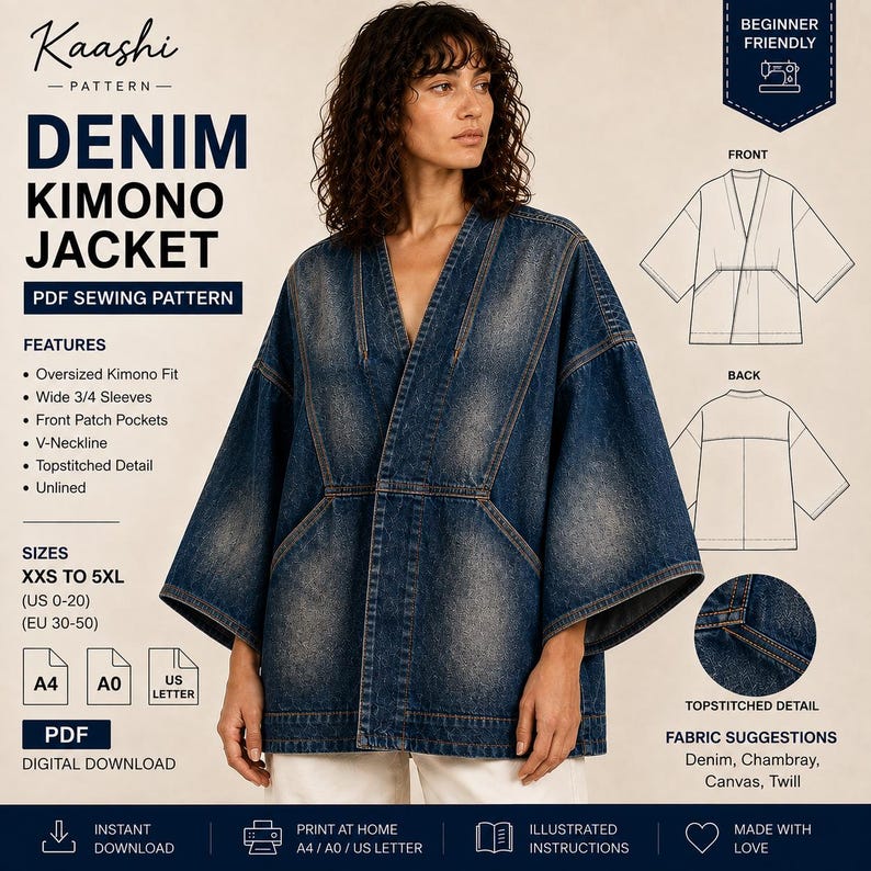 May include: A digital PDF sewing pattern for a denim kimono jacket by Kaashi Pattern. The design features an oversized fit, wide 3/4 sleeves, a V-neckline, front patch pockets, and topstitched details. Includes sizing from XXS to 5XL (US 0-20).