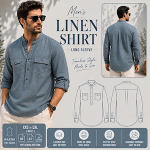 Puede incluir: Una camisa de lino azul de manga larga con cuello mao, dos bolsillos en el pecho y puños abotonados. La imagen incluye el texto Men's LINEN SHIRT, una vista trasera de la camisa, un dibujo técnico de líneas e información del patrón.