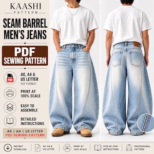 Puede incluir: Un patrón de costura digital en PDF para jeans de corte barril de Kaashi Pattern. La imagen muestra jeans de mezclilla azul claro con una silueta ancha y curva, incluyendo vistas frontal y trasera, costuras visibles y formatos A0, A4 y US letter.