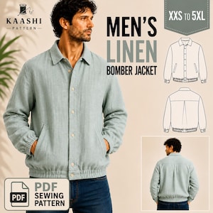 Könnte beinhalten: Eine hell salbeigrüne Leinen-Bomberjacke mit Kragen, Knopfleiste vorne sowie elastischem Saum und Bündchen. Das Bild enthält den Text KAASHI PATTERN, MEN'S LINEN BOMBER JACKET, XXS TO 5XL und PDF SEWING PATTERN.