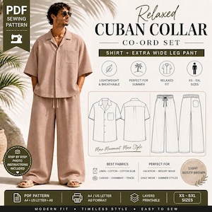 May include: A light dusty brown Cuban collar co-ord set, including a shirt and extra wide leg pants. The image shows a person wearing the outfit. The pattern is a PDF sewing pattern, with step-by-step photo instructions. The set is lightweight and breathable.