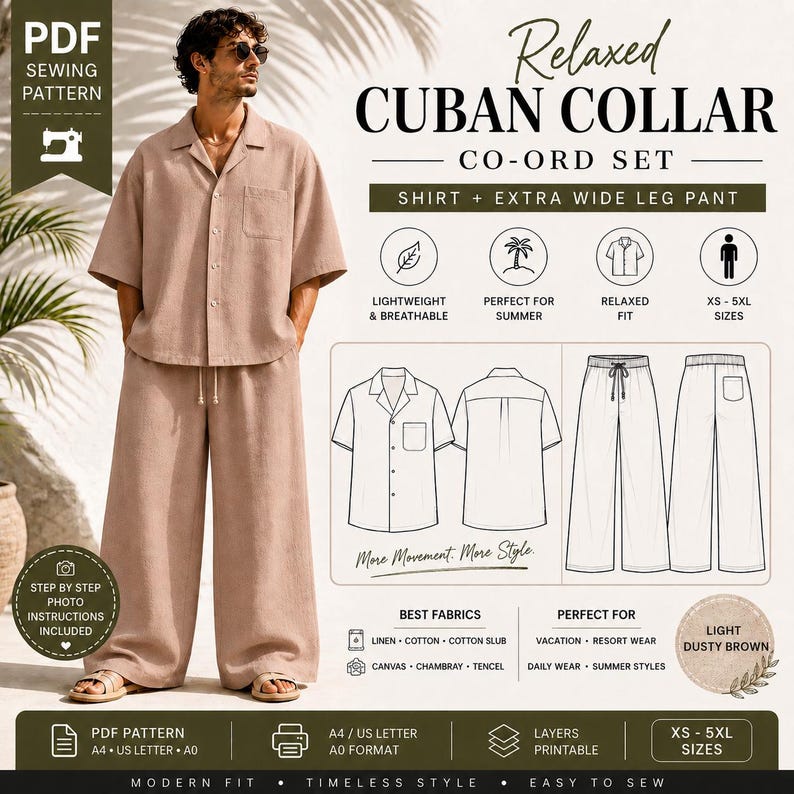 May include: A light dusty brown Cuban collar co-ord set, including a shirt and extra wide leg pants. The image shows a person wearing the outfit. The pattern is a PDF sewing pattern, with step-by-step photo instructions. The set is lightweight and breathable.
