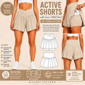 May include: Beige active shorts PDF sewing pattern featuring a crossover high waistband, gathered loose outer short, and a fitted inner short with a side pocket. Includes USA sizes 0 to 20, EU sizes 30 to 50, A0, A4, and US letter print formats.
