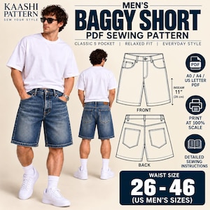 Op de afbeelding: Een PDF-naaipatroon voor een baggy short met een klassiek 5-pocket ontwerp. De afbeelding toont een voor- en achteraanzicht van de short op een persoon, naast technische lijntekeningen met een binnenbeenlengte van 28 cm en taillematen 26-46 inch.