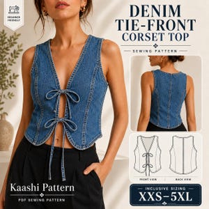 May include: A blue denim tie-front corset top sewing pattern by Kaashi Pattern. The design features a sleeveless vest with two front ties, visible seams, and a curved hem. Includes front and back views, with sizing ranging from XXS to 5XL.