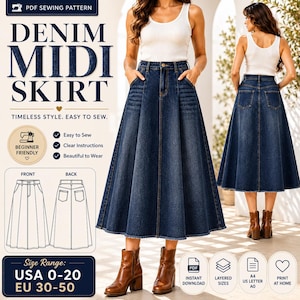 以下が含まれることがあります： 「DENIM MIDI SKIRT」のテキストが入ったデニムミディスカートの縫製パターン。パターンには、USA 0-20とEU 30-50のサイズが含まれています。画像にはスカートを着用している女性が写っており、前面と背面のビューも含まれています。