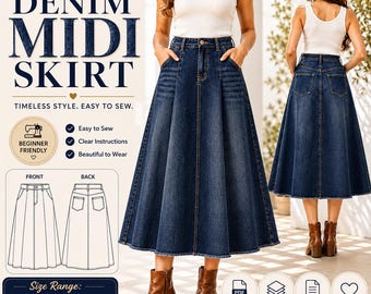 A-Line Denim Midi Skirt Sewing Pattern – High Waist (Sizes 0–20) (PDF Pattern)