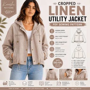 Kurz geschnittene Leinen-Utility-Jacke (PDF-Schnittmuster) | Mit Kapuze, Reißverschluss, Oversized-Passform (XXS-5XL)