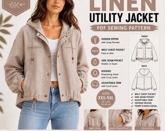 Cropped Linen Utility Jacket PDF Sewing Pattern | Hooded, Zipper, Oversized Fit (XXS-5XL)