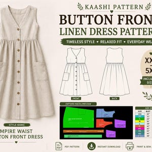 Puede incluir: Un vestido beige sin mangas con botones frontales, cuello en V y dos bolsillos laterales. La imagen incluye el texto KAASHI PATTERN BUTTON FRONT LINEN DRESS PATTERN, una tabla de tallas de XXS a 5XL y una vista previa de las piezas.