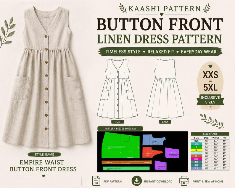 Puede incluir: Un vestido beige sin mangas con botones frontales, cuello en V y dos bolsillos laterales. La imagen incluye el texto KAASHI PATTERN BUTTON FRONT LINEN DRESS PATTERN, una tabla de tallas de XXS a 5XL y una vista previa de las piezas.
