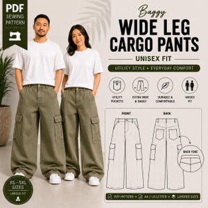 May include: Image of a sewing pattern for unisex baggy wide leg cargo pants. The pattern includes XS-5XL sizes and features utility pockets. The design is described as extra wide and baggy, durable, and comfortable. The image also shows the front and back views of the pants.