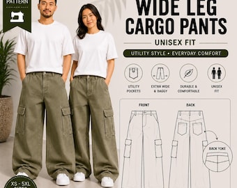 Baggy Wide Leg Cargo Pants Sewing Pattern | Unisex Utility Streetwear (PDF Download)
