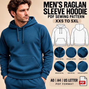 Pode incluir: Um molde de costura em PDF para moletom com capuz e mangas raglan, tamanhos XXS a 5XL. A imagem mostra um moletom azul com bolso, capuz e cordões, junto a desenhos técnicos, círculos de detalhes e formatos A0, A4 e US Letter.