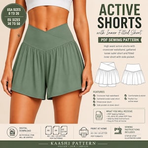 May include: A PDF sewing pattern for sage green active shorts featuring a high crossover waistband, gathered loose outer shorts, and a fitted inner short with a side pocket. Includes USA sizes 0 to 20, A0, A4, and US Letter print formats.