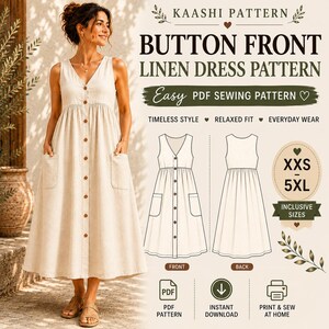 Puede incluir: Un vestido de lino beige sin mangas con cuello en V, cierre frontal de botones y dos bolsillos de parche. La imagen incluye texto: KAASHI PATTERN BUTTON FRONT LINEN DRESS PATTERN, Easy PDF SEWING PATTERN, XXS-5XL, e iconos de PDF, descarga e imprimir.