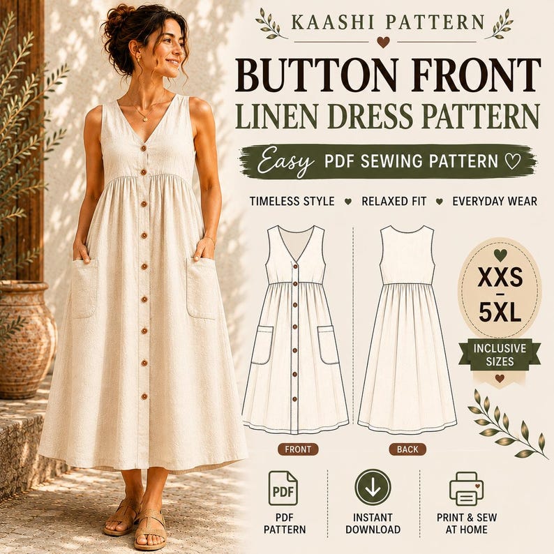 Puede incluir: Un vestido de lino beige sin mangas con cuello en V, cierre frontal de botones y dos bolsillos de parche. La imagen incluye texto: KAASHI PATTERN BUTTON FRONT LINEN DRESS PATTERN, Easy PDF SEWING PATTERN, XXS-5XL, e iconos de PDF, descarga e imprimir.