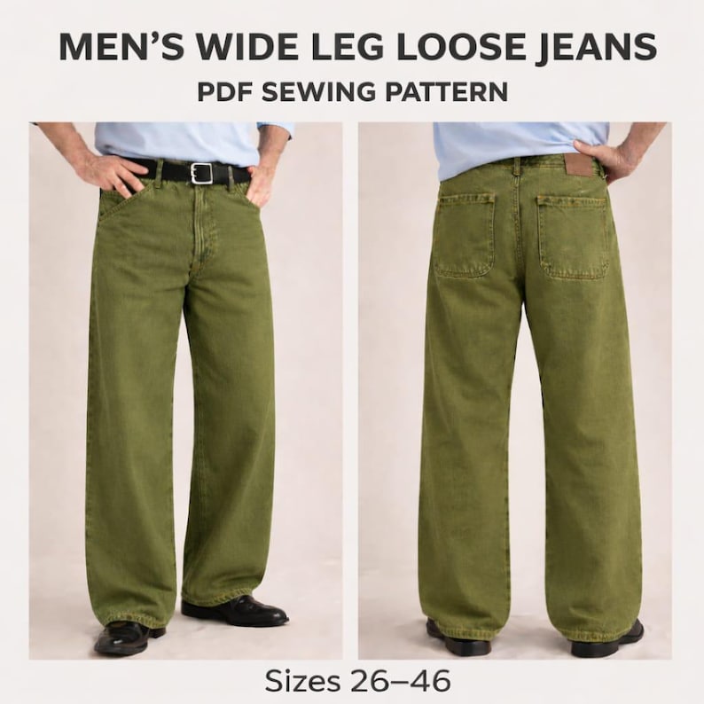 K&ouml;nnte beinhalten: Olivgr&uuml;ne Jeans mit weitem Bein, von vorne und hinten gezeigt. Die Jeans hat eine lockere Passform und Taschen. Der Text "MEN'S WIDE LEG LOOSE JEANS PDF SEWING PATTERN" steht oben. Verf&uuml;gbare Gr&ouml;&szlig;en: 26-46.