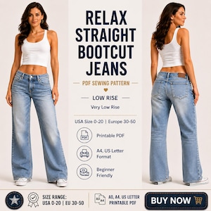 Op de afbeelding: Lichtblauwe bootcut jeans met een lage taille, zoals getoond in een PDF naaipatroon. De afbeelding bevat de tekst "RELAX STRAIGHT BOOTCUT JEANS" en maten voor de VS en Europa. Het patroon is beginnersvriendelijk en printbaar.