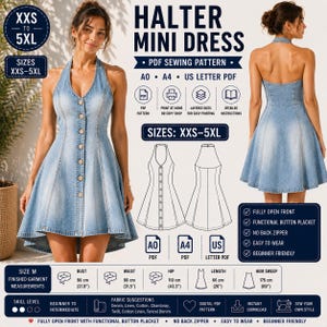 May include: A light blue denim halter mini dress with a functional button placket, shown in front and back views. The PDF sewing pattern includes sizes XXS to 5XL, with detailed measurements for size M: 37.8-inch bust, 31.5-inch waist, 43.3-inch hip, 26-inch length, and 69-inch hem sweep.