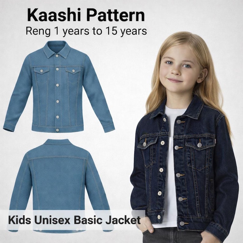 May include: A denim jacket in two shades of blue, with a front and back view, and a child wearing a dark blue jacket. The jackets have button closures and chest pockets. Text reads "Kaashi Pattern" and "Kids Unisex Basic Jacket."