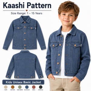 May include: A blue denim jacket with wooden buttons is displayed. The image shows the jacket from multiple angles, including a child wearing it. The text "Kaashi Pattern" and "Kids Unisex Basic Jacket" are visible. Size range: 1-15 years.