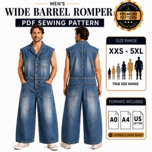 Può includere: Un modello di cucito per un romper ampio in denim. L'immagine mostra una vista anteriore e posteriore del capo. Il testo sull'immagine dice "MEN'S WIDE BARREL ROMPER PDF SEWING PATTERN". La gamma di taglie è XXS-5XL. I formati inclusi sono A0, A4 e US Letter.