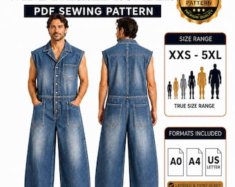 Men's Wide Barrel Romper Sewing Pattern | Oversized Utility Jumpsuit (PDF Download)