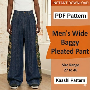 May include: Blue denim wide-leg pants with a camouflage pattern down the sides. The pants have pleats and a baggy fit. The image includes text that reads "Men's Wide Baggy Pleated Pant" and "PDF Pattern". The size range is 27 to 46.