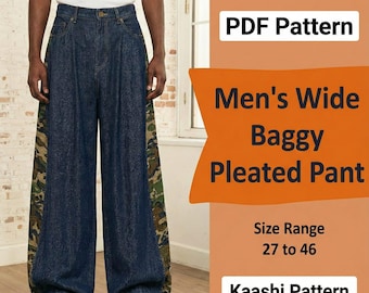 May include: Blue denim wide-leg pants with a camouflage pattern down the sides. The pants have pleats and a baggy fit. The image includes text that reads "Men's Wide Baggy Pleated Pant" and "PDF Pattern". The size range is 27 to 46.