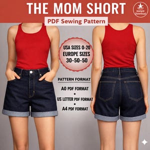 Mönster för högmidjade mom shorts (storlekar 0-20) (digital nedladdning)