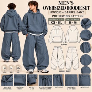 May include: An oversized hoodie and barrel pant PDF sewing pattern set in slate blue. Includes technical line drawings of the hoodie and pants, size ranges XXS-5XL and 26-46, and detailed views of the hood, kangaroo pocket, rib cuffs, elastic drawstring waistband, side pockets, panel details, and back pockets.
